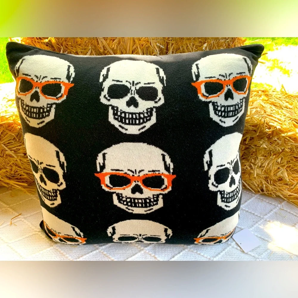 Halloween Decor Pillow Skull Skeleton with Glasses Huge Fluffy Black- NWT